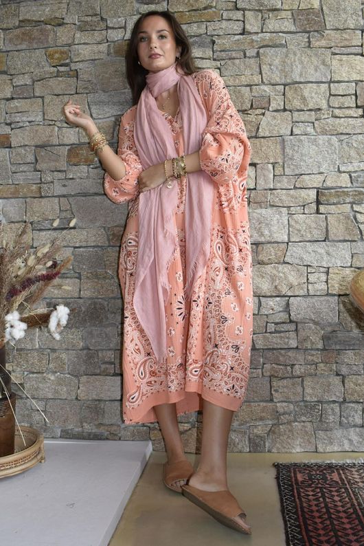 Kasbah Bubble Cotton Bandana Peasant Dress Apricot?